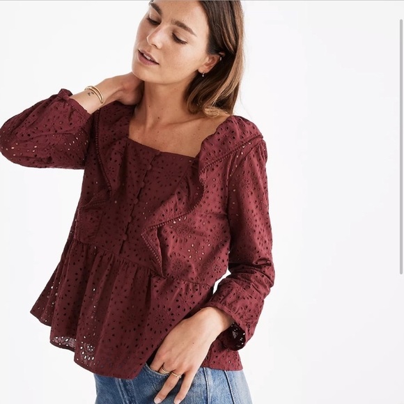Madewell Tops - Madewell Long Sleeve Maroon Eyelet Detailed Blouse Size Small